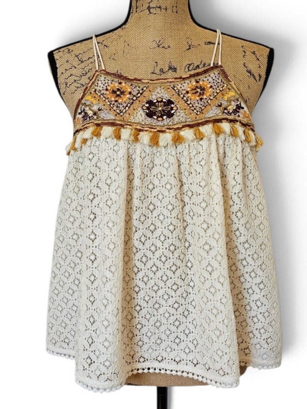 HD in Paris Anthropologie Western Boho Lace Tank with Embroidered Yoke, Size 6